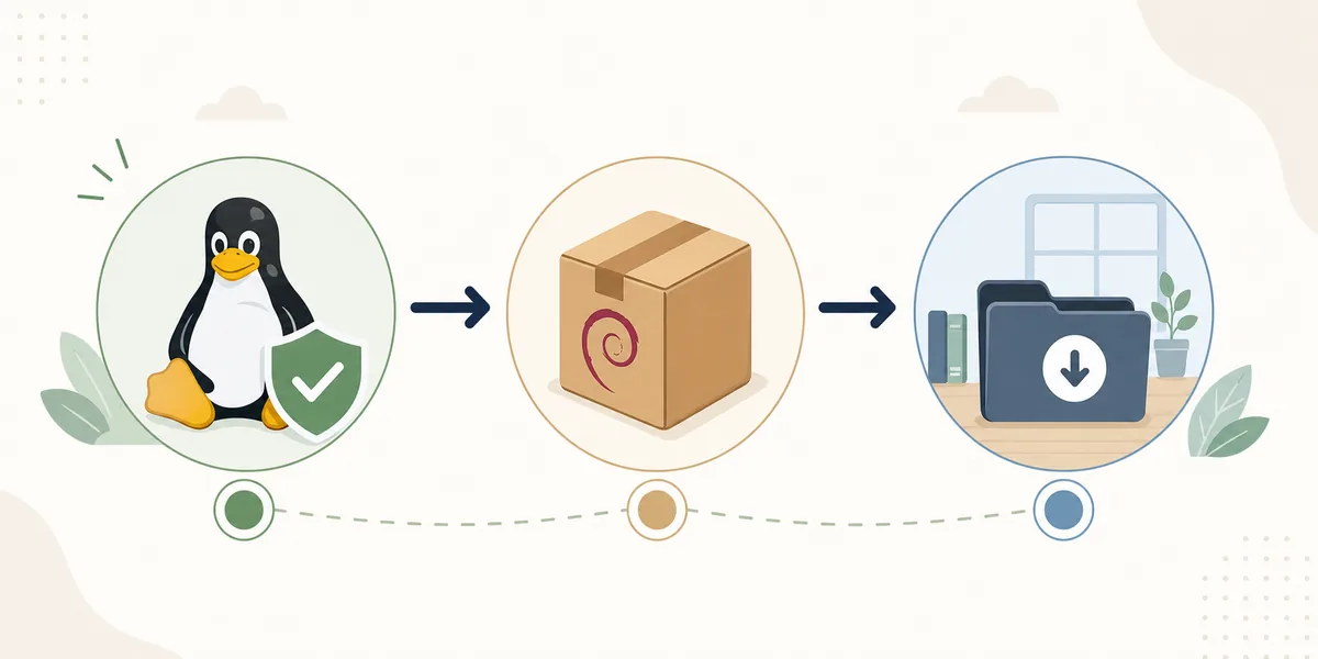 Conceptual illustration of a verified Linux package moving into a local download workspace