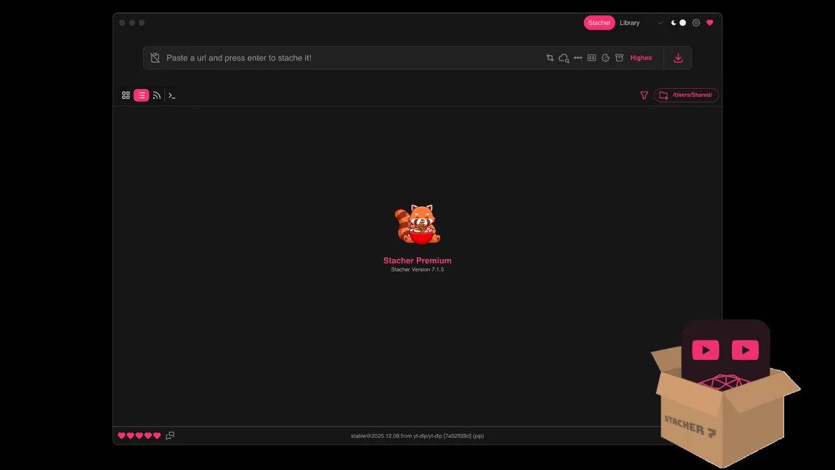 Official Stacher interface with URL field, format selector and download queue